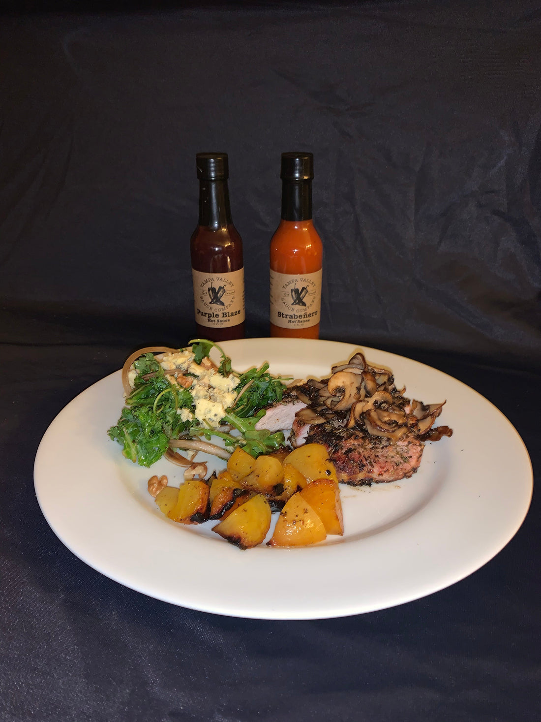 Purple Blaze-Glazed Pork Cutlets Topped with Sautéed Baby Bella Mushrooms